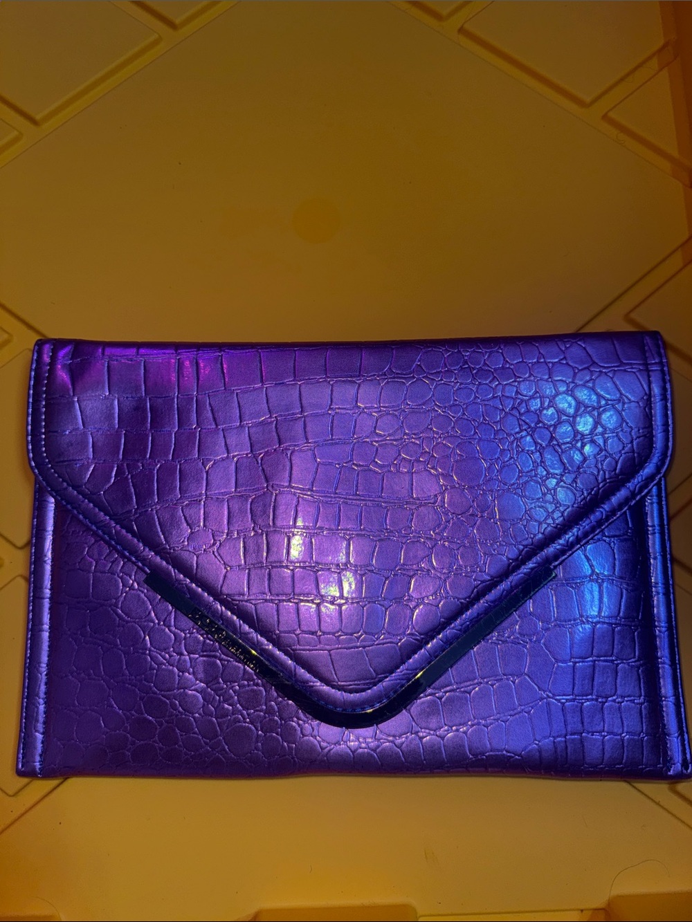 BCBGeneration Iridescent Purple Croc-Embossed Envelope Clutch